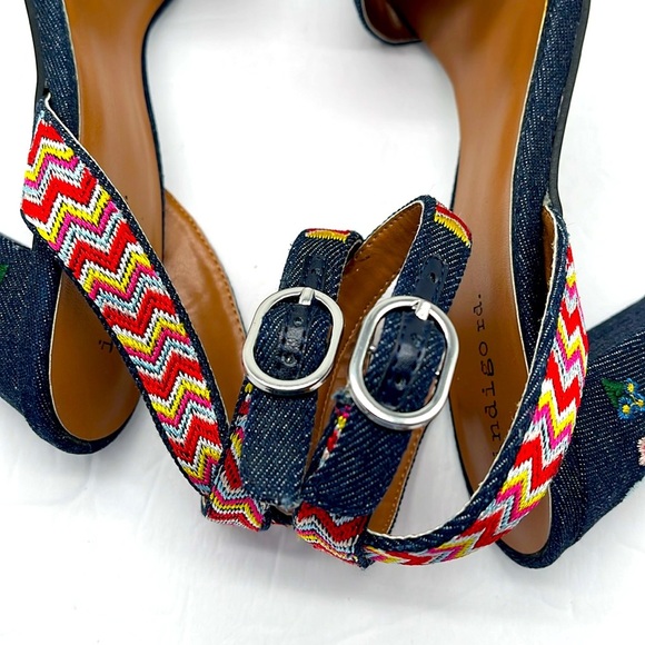 Indigo Rd Embroidered Floral Blue Denim Heels Irbadie Open Toe Size 7.5M Boho - Picture 7 of 17